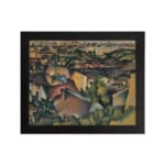Cubist cityscape vintage wall art in warm earthy tones with abstract rooftops and buildings by Infidu. hung on the wall