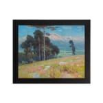 Vintage mountain landscape wall art with trees, flowers, and pastel colors creating a serene, calming atmosphere. hung on the wall