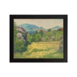 Vintage wall art featuring peaceful green fields, yellow flowers, and blue hills, creating a calming nature scene. hung on the wall