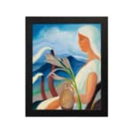 Vintage art of a woman with a flower and clay pot, set against a peaceful sky and mountains. hung on the wall