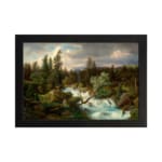 Vintage river flowing through a dense forest, with green trees and soft blue sky, framed in black. hung on the wall