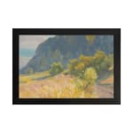 Infidu vintage wall art with peaceful mountain, grassy field, and soft natural colors in a calming countryside scene. hung on the wall