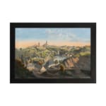 Infidu Classic Townscape with Rolling Hills Vintage Wall Art featuring a peaceful town view with green hills, a river, and church towers. hung on the wall