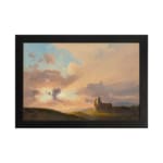 Vintage sunset countryside scene with soft colors, a small building on a green hill, and glowing rays of sunlight. hung on the wall