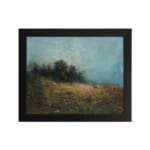 Serene vintage art of a deer in a peaceful nature landscape with soft browns, greens, and a misty atmosphere. hung on the wall