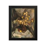 Infidu vintage wall art showing a brown vase with yellow leaves and fruits in warm, earthy tones. hung on the wall