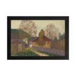 Vintage countryside autumn scene wall art with houses, colorful trees, and soft natural colors in a serene, peaceful setting. hung on the wall