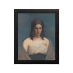 Infidu Vintage Portrait Wall Art of a Thoughtful Woman with soft beige and grey tones, featuring a calm expression and simple background. hung on the wall