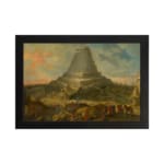 Infidu Vintage Spiral Tower and Dreamy Landscape Wall Art showing a spiral tower with small buildings, soft colors, and a dreamy sky. hung on the wall
