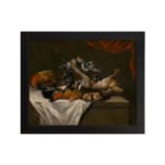 Infidu Vintage Still Life with Fruits and Animals Wall Art, showcasing a table with fruits, birds, and a rabbit, framed in dark tones. hung on the wall