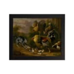 Vintage wall art of a farmyard scene with chickens, chicks, and a dog in earthy tones, evoking a cozy, rustic feel. hung on the wall