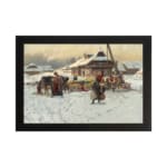Vintage wall art of a snowy village with people at a small market, surrounded by wooden houses and a cloudy sky. hung on the wall