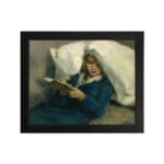 Infidu Vintage Wall Art of a girl peacefully reading with soft blue, white, and beige tones in a cozy, relaxed setting. hung on the wall