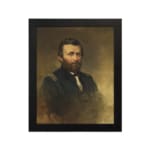 Vintage portrait wall art of a bearded man in a formal navy uniform with gold shoulder details and a smoky brown-gold background. hung on the wall