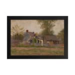 Vintage countryside wall art with rustic houses, tall trees, and soft earthy tones under a cloudy sky. hung on the wall