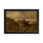 Vintage wall art of a fallen tree on a rocky hillside with earthy tones and a soft sky. hung on the wall