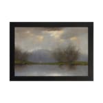 Vintage reflective landscape wall art with soft grays, blues, and greens, showing water reflections, bare trees, and low hills. hung on the wall