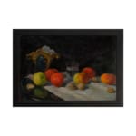Infidu Classic Still-Life Fruit and Drink Vintage Wall Art with apples, oranges, grapes, and a clear glass on a dark background. hung on the wall