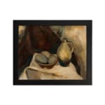 Vintage still life wall art with ceramic jug and bowl on white cloth, set against warm abstract background in earthy tones. hung on the wall