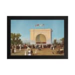 Vintage wall art of a 19th-century crowd in front of a grand white arch with flags, blue sky, and trees, framed in black. hung on the wall