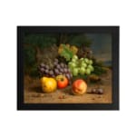 Vintage fruit still life wall art with grapes, apples, peaches, and plums on a rustic surface and dark leafy background. hung on the wall