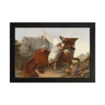 Vintage wall art of a red fox holding a bird in its mouth, set in a mountain landscape with rocky terrain and a pale blue sky. hung on the wall