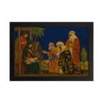 Vintage Nativity wall art showing Three Wise Men visiting baby Jesus under a dark blue sky with warm, rich colors and classic details. hung on the wall