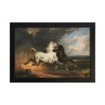 Vintage wall art of a white and dark brown horse in motion under a stormy sky with dramatic clouds and open fields. hung on the wall