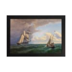 Vintage nautical wall art with two elegant sailboats on a deep green ocean under a dramatic sky. hung on the wall