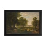 Vintage wall art of peaceful countryside with trees, river, and cattle hung on the wall
