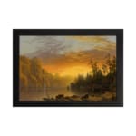 Infidu vintage sunset wall art showcasing calm water, tall trees, and a glowing sky in warm tones of orange, yellow, and brown. hung on the wall