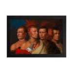 Vintage portrait of five Native American men in traditional attire, highlighting their cultural richness and detailed accessories. hung on the wall