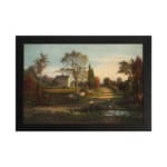 Infidu vintage wall art features a serene countryside scene with a charming house, tall trees, and a soft blue sky. hung on the wall on a white background