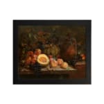 Classic still life vintage wall art with fruits and a rustic jug, showcasing rich warm colors and cozy, antique appeal. hung on the wall