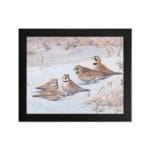 Snowy Birds Vintage Wall Art with small birds sitting on a snowy ground in soft winter tones, bringing a peaceful atmosphere. hung on the wall