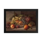 Rustic still-life painting of peaches, grapes, and pears in warm tones with a brown background and black frame. hung on the wall