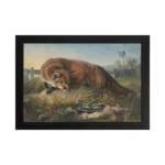 Vintage wall art of a fox crouched over a rabbit in a grassy countryside field with natural earthy tones and peaceful rural background. hung on the wall