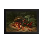 Vintage still life of cherries spilling from a basket, featuring vibrant red, orange, and yellow fruit with deep green leaves. hung on the wall