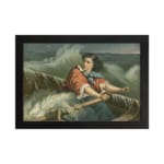 Infidu vintage wall art featuring a woman in period attire on a small boat amidst stormy seas with dramatic waves and a cloudy sky. hung on the wall on a white background
