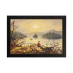 Vintage wall art of a fisherman by a calm lake at sunset with golden sky and soft reflections. hung on the wall