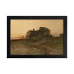 Vintage farmhouse wall art at sunset with warm tones and rustic countryside charm. hung on the wall
