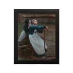 Vintage wall art of two women in traditional clothing by a wooden fence in a rustic countryside setting. hung on the wall