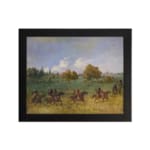 Vintage wall art featuring horse riders in open fields with soft, natural colors, including green grass, blue skies, and brown horses. hung on the wall