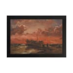 Vintage wall art of a wooden ship at sunset with fiery red, orange, and pink sky, calm sea, and small human figures near the shore. hung on the wall