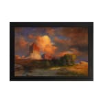 Vintage wall art of glowing red desert rocks with a vivid sunset sky and rugged terrain by Infidu. hung on the wall