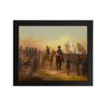 Vintage military wall art featuring soldiers, a cannon, and a dramatic battlefield with earthy tones and a golden sky. hung on the wall