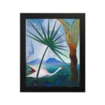 Vintage wall art with a white bird, tropical trees, and mountain background in soft blue, green, and brown tones. hung on the wall
