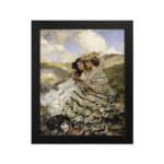 Vintage wall art showing two women in flowing dresses sitting on a grassy hillside with a dog, under a blue sky with white clouds. hung on the wall