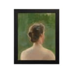 Vintage wall art showing the back view of a woman with tied hair, set against a rich green background with soft, blended brushstrokes. hung on the wall