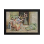Vintage wall art of women sitting outside a house, talking, with warm tones and traditional details in the background. hung on the wall